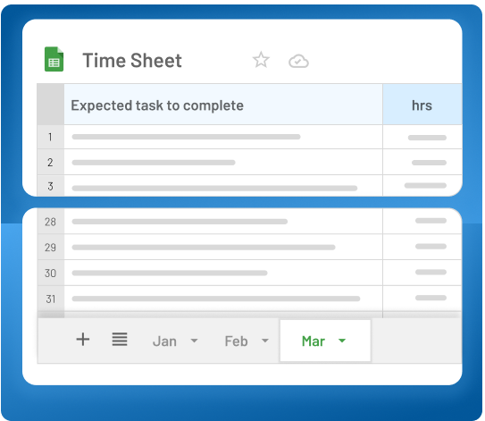 Monthly timesheet of completed tasks with the exact number of hours required to complete each task