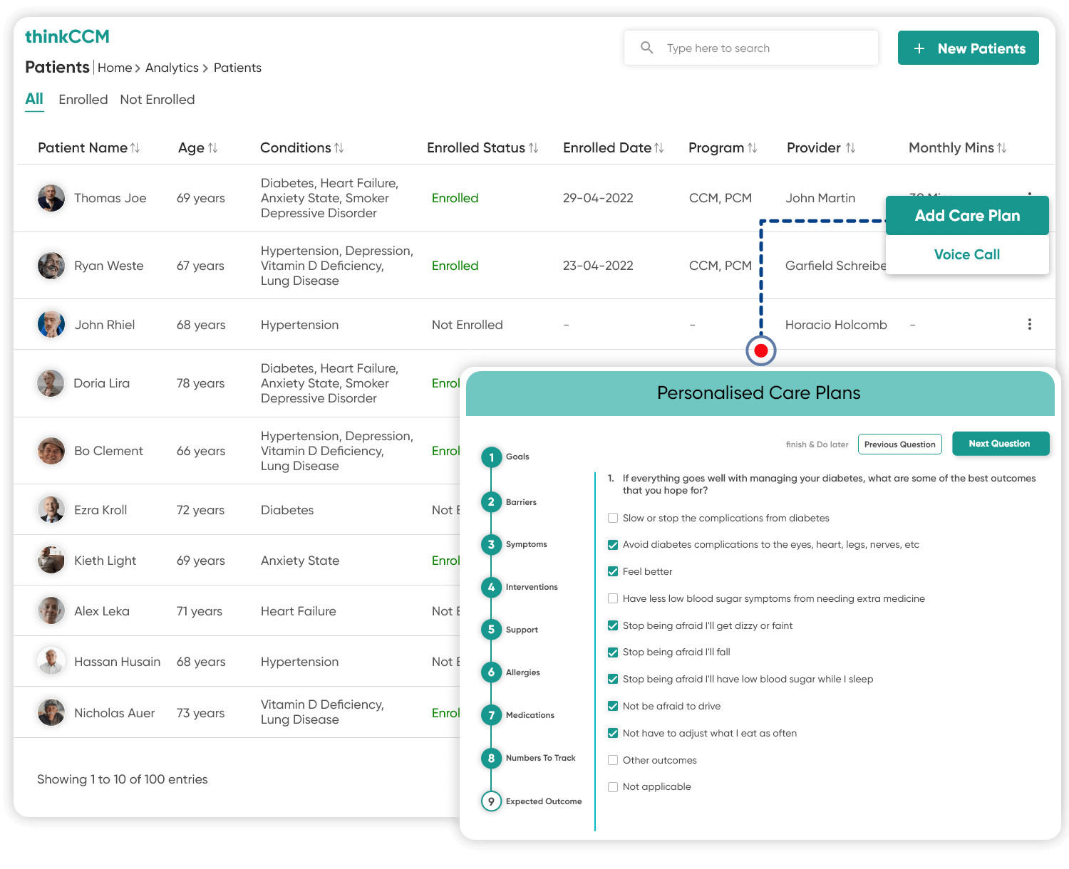 Chronic care application dashboard- List all patients enrolled in the CCM program with the ability to customize a care plan for each patient.