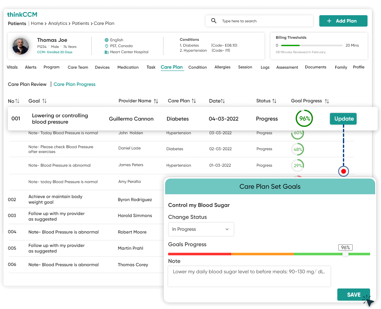 Healthcare providers can view individual chronic care management goals and progress and edit care plan goals as needed.