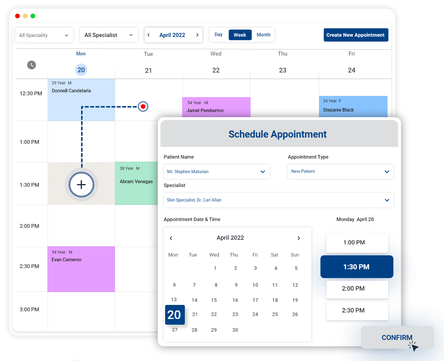 Telehealth application dashboard- schedule an appointment on a digital calendar.