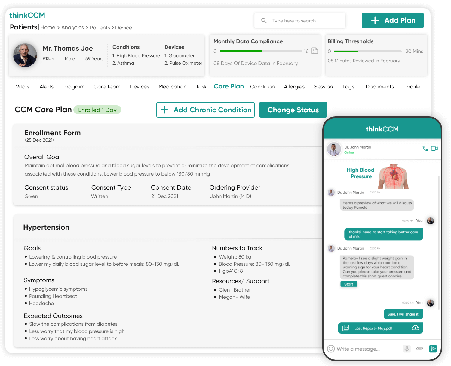 View patient’s CCM care plan & access education material/assessment test via mobile app's tablet interface for chronic care management.