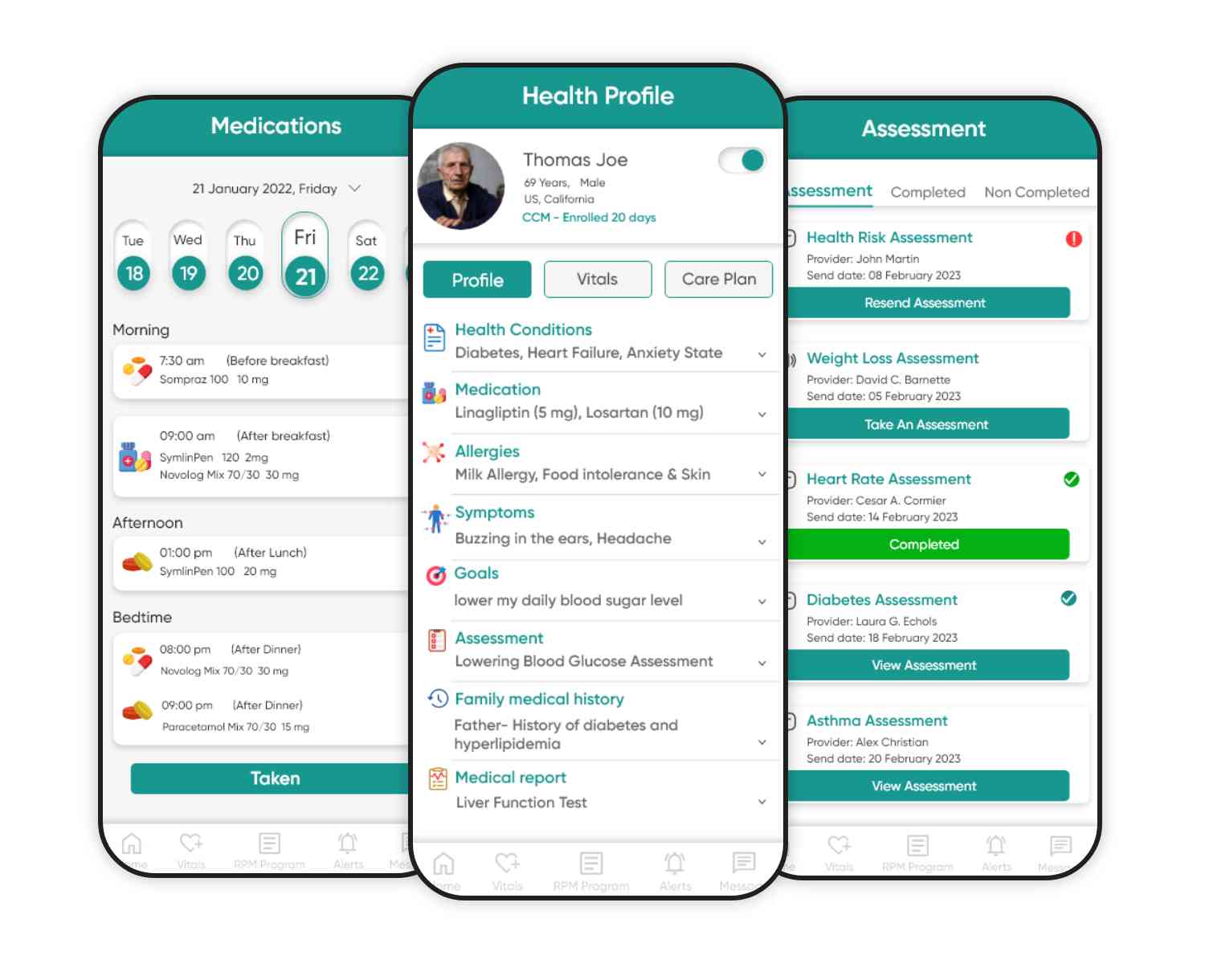 Using a patient mobile app, the patient can access medication details, care plan goals, and educational/assessment materials for review.
