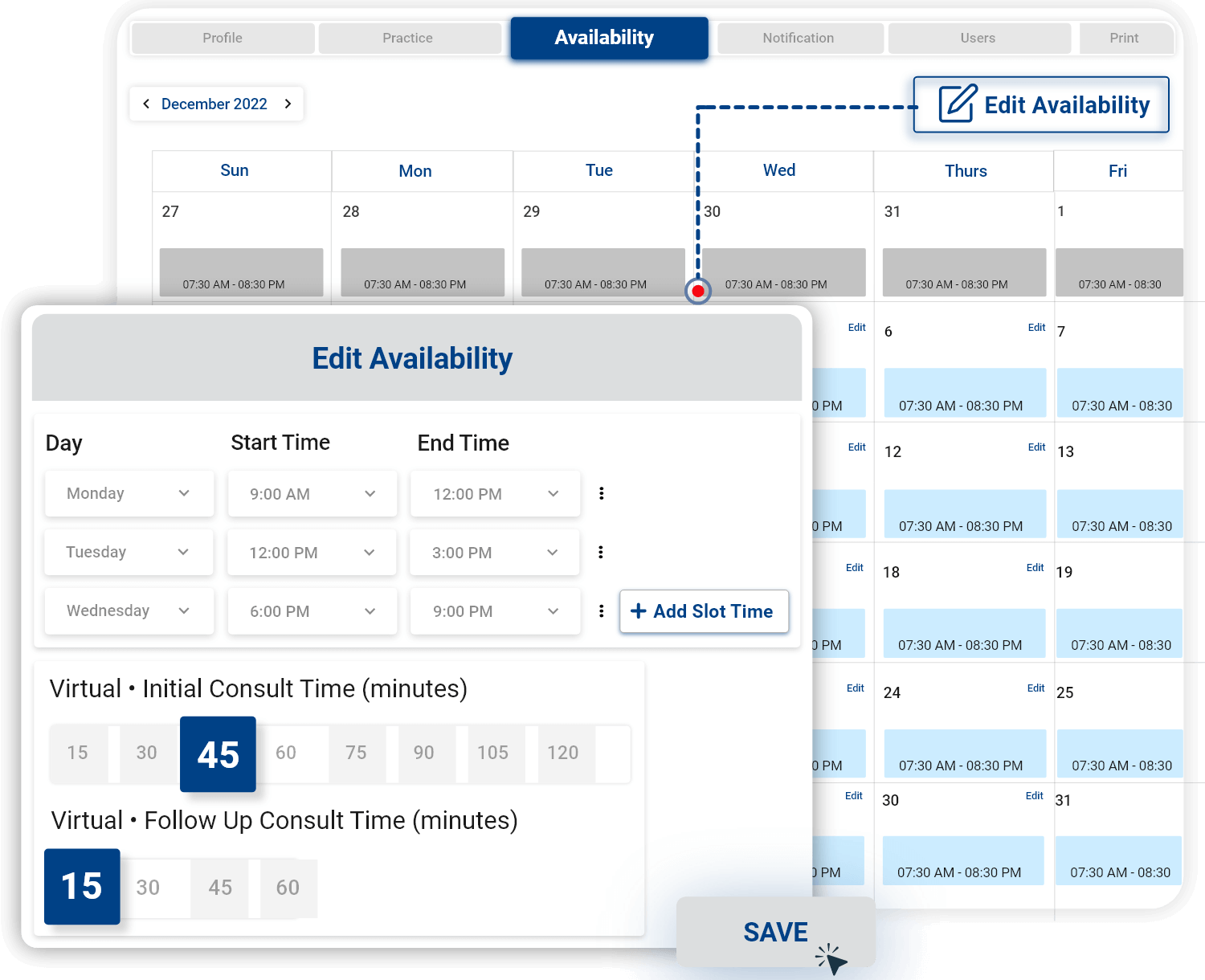 Calendar view for providers with editable availability options allowing them to add/remove appointment slots.