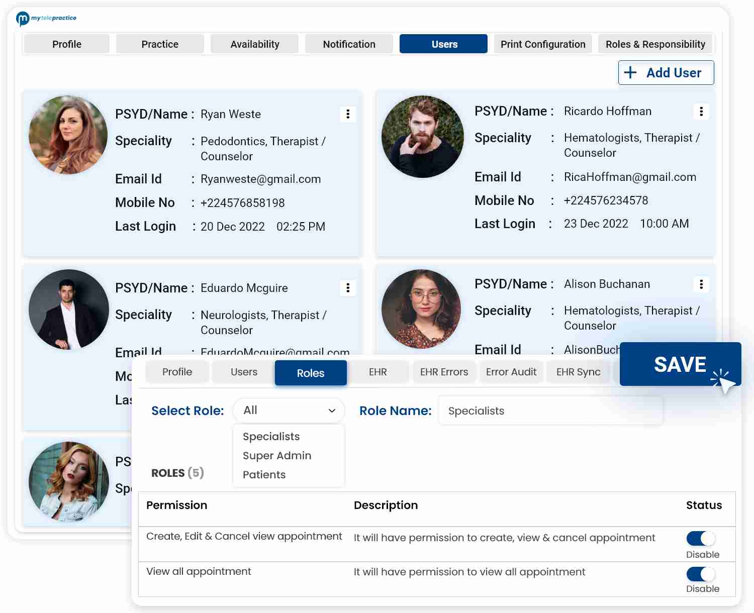 Telemedicine software feature with an option to view all the available providers with their contact details.