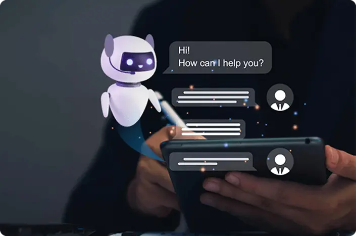 A person interacting with AI agent to converse and solve any issues in real-time and around the clock with domain-specific knowledge for accurate responses