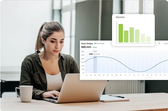 An administrative staff member analyzing financial reports and streamlining claim processing with the help of AI tools