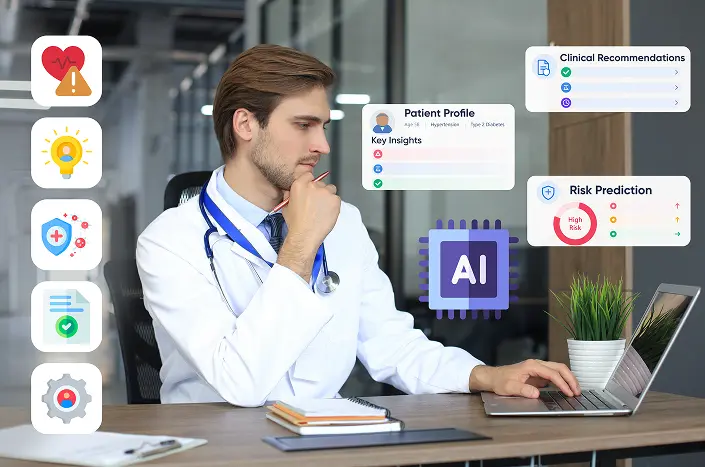 data stack is shown at the center of analytics features derived from the data science field, which can be included in custom healthcare software development