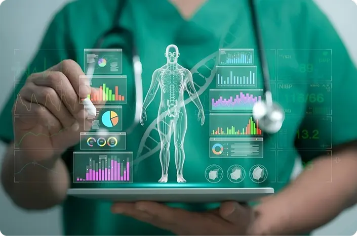 A healthcare provider using an AI-powered medical health solution to analyze patient records and reports