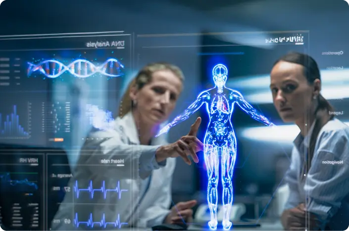 Healthcare providers using AI and data-driven healthcare solutions to analyze patient medical images like X-rays and MRIs