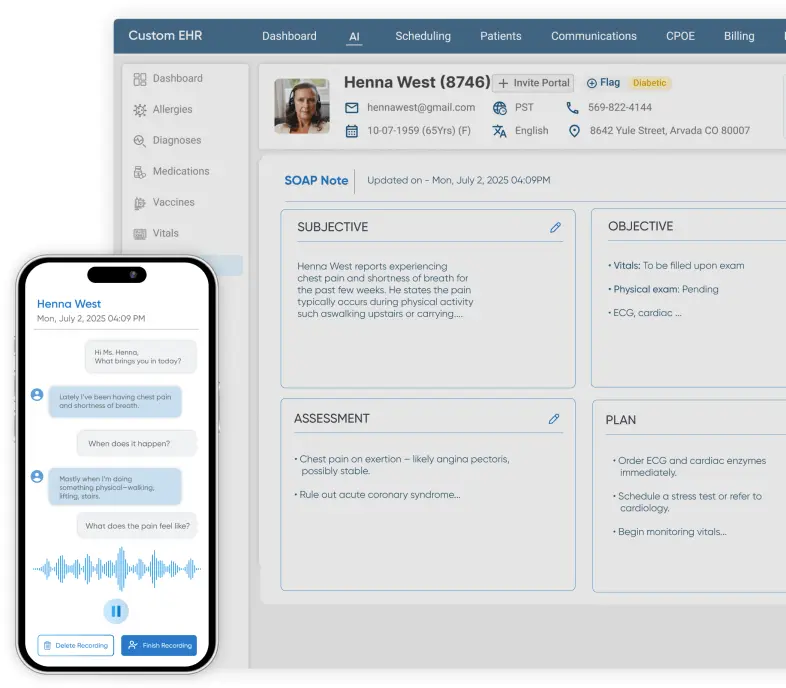 Custom EHR dashboard with real-time transcription shown on mobile app