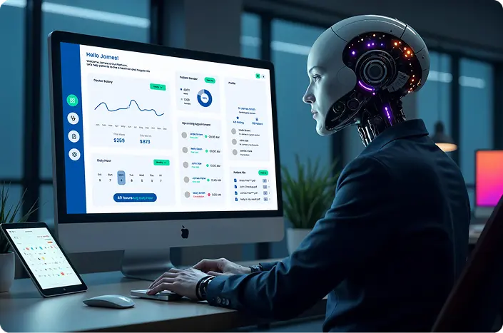 A patient interacting with a mobile health app through the voice assistant and asking questions to the AI-driven chatbot