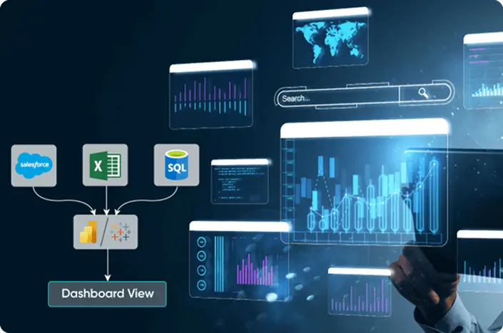 Advanced business intelligence dashboard displaying features like integrated data collection from multiple sources with interactive analytics
