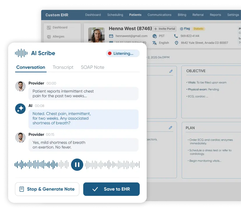 Custom EHR software dashboard with voice-assistant feature on custom EHR mobile app showcasing AI scribing