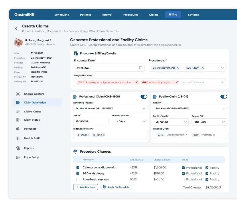Claim generation screen in gastroenterology EHR software creating CMS-1500 professional and UB-04 ASC facility claims from one GI procedure