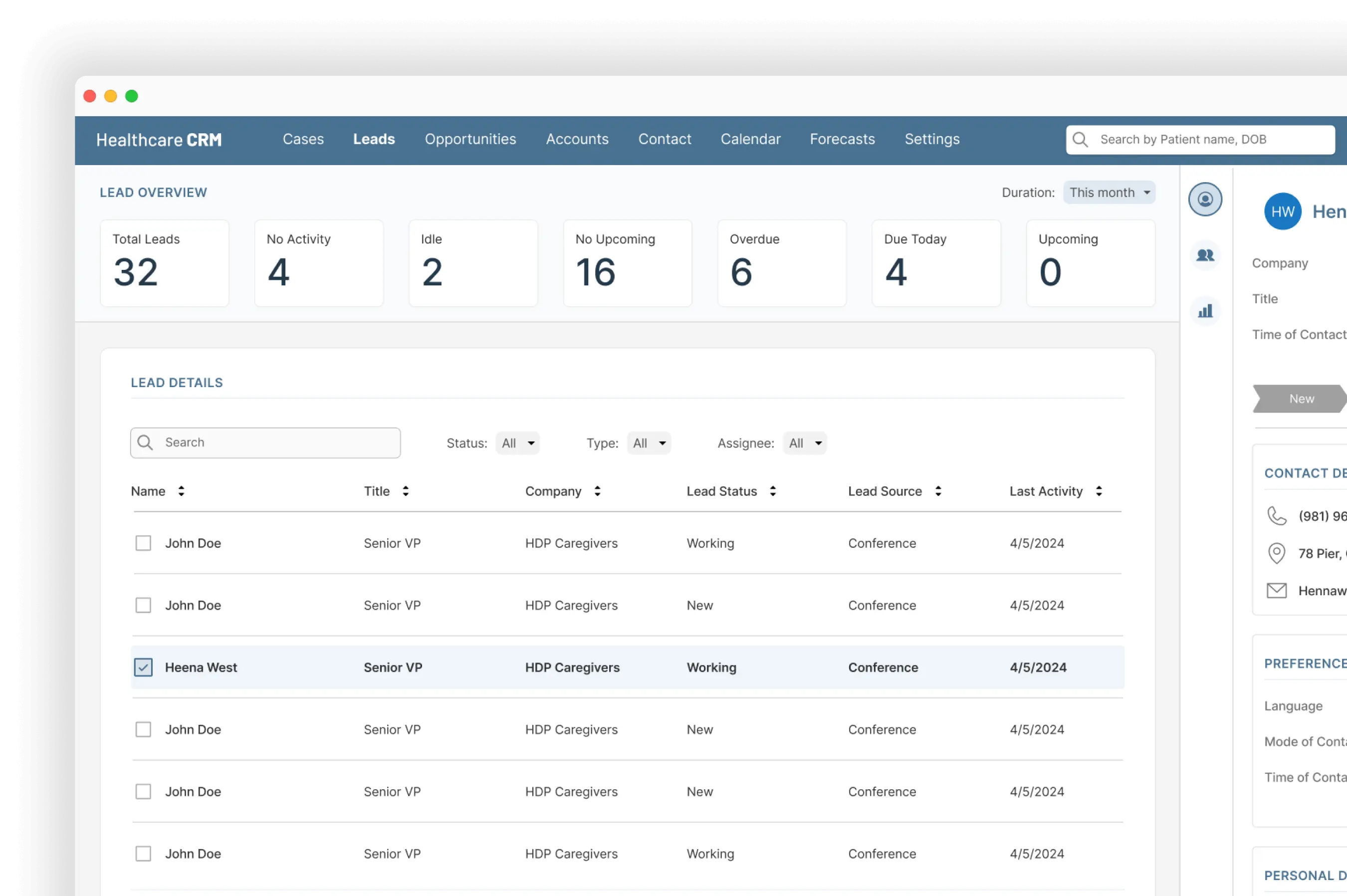 A custom healthcare CRM software dashboard showing its lead management capabilities
