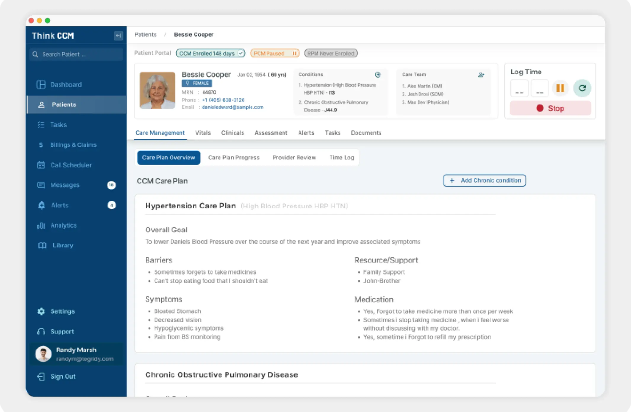 A chronic care management software dashboard showcasing its full functionality and features with patient information