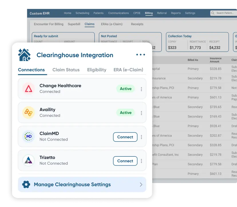 Billing dashboard on custom EHR software with claim submission pop-up