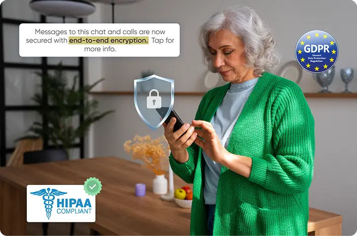 A patient using the medical mobile app to access healthcare services securely with data encryption and strict HIPAA and GDPR compliance