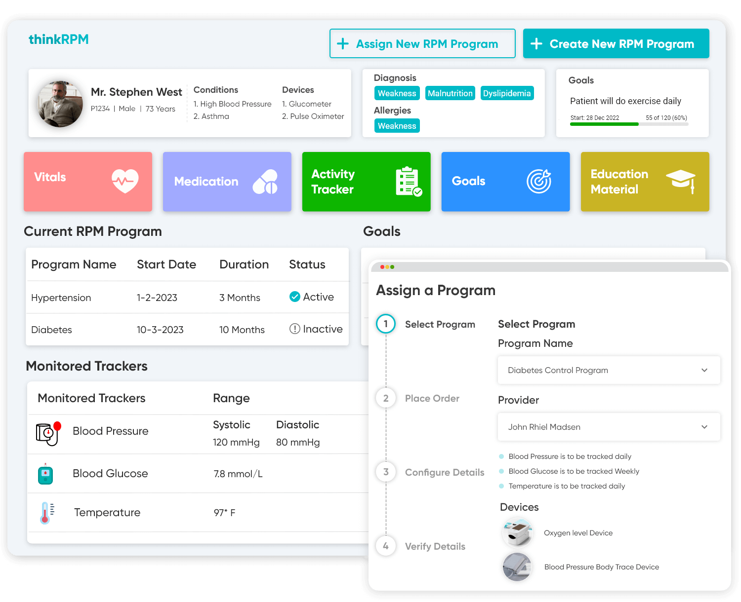 Patient’s current RPM program with vital tracking, current medication, activity tracker, end-goals with an option to create and assign new RPM program