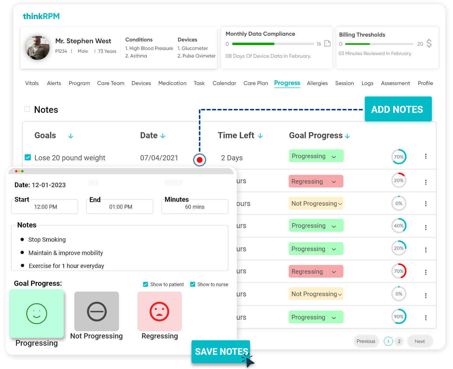 Patient’s RPM progress and goals with a feature of adding customized notes according to their diet and activity plans.