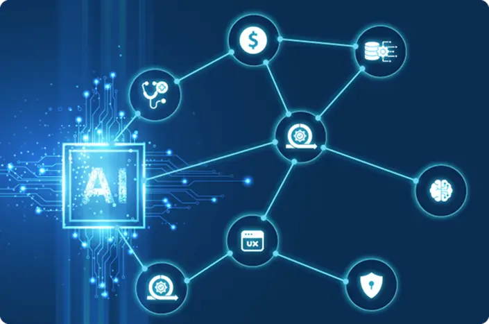 Network diagram showing diiferent skills and functions connected to each other to develop an seamless and efficient AI solution