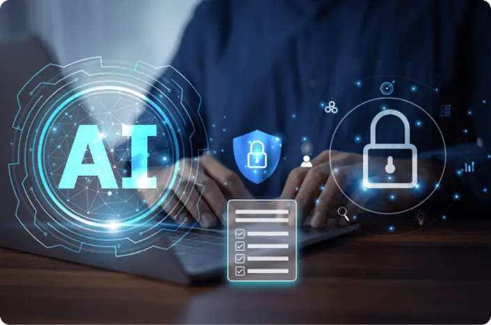 Digital lock and shield icons over data streams, symbolizing AI data security, privacy protection, and compliance with regulations like HIPAA and GDPR
