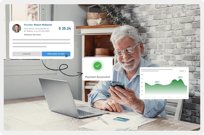 A provider checking his health and his bills for payment and making the payment easily with his digital front door app