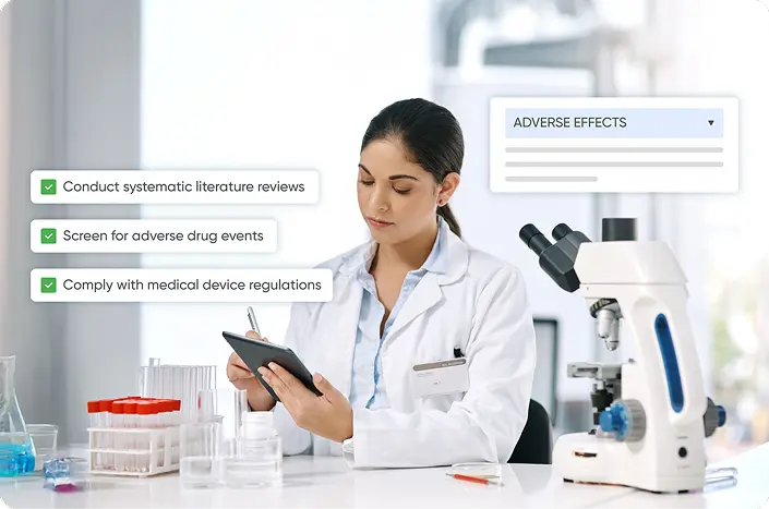 A researcher using AI tools to identify new medicinal compounds, predict patient reactions, and screen drug candidates