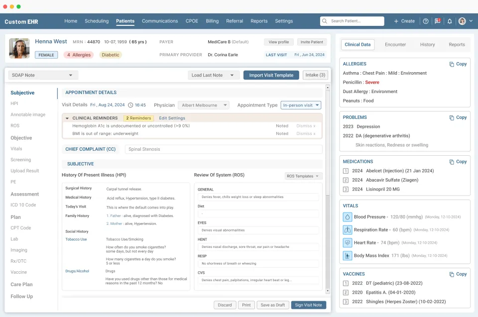 Patient dashboard in custom EHR software