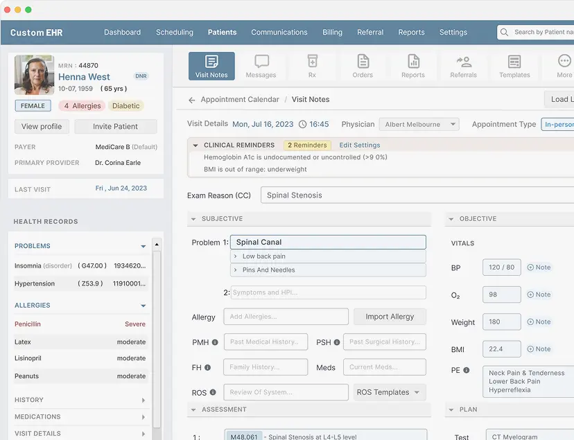 Patient information on a customized patient portal dashboard shown on a custom EMR EHR software