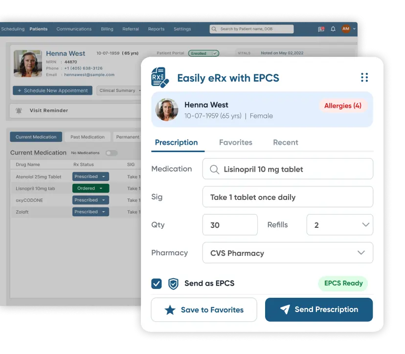 custom EHR software showing a demo digital patient prescription form