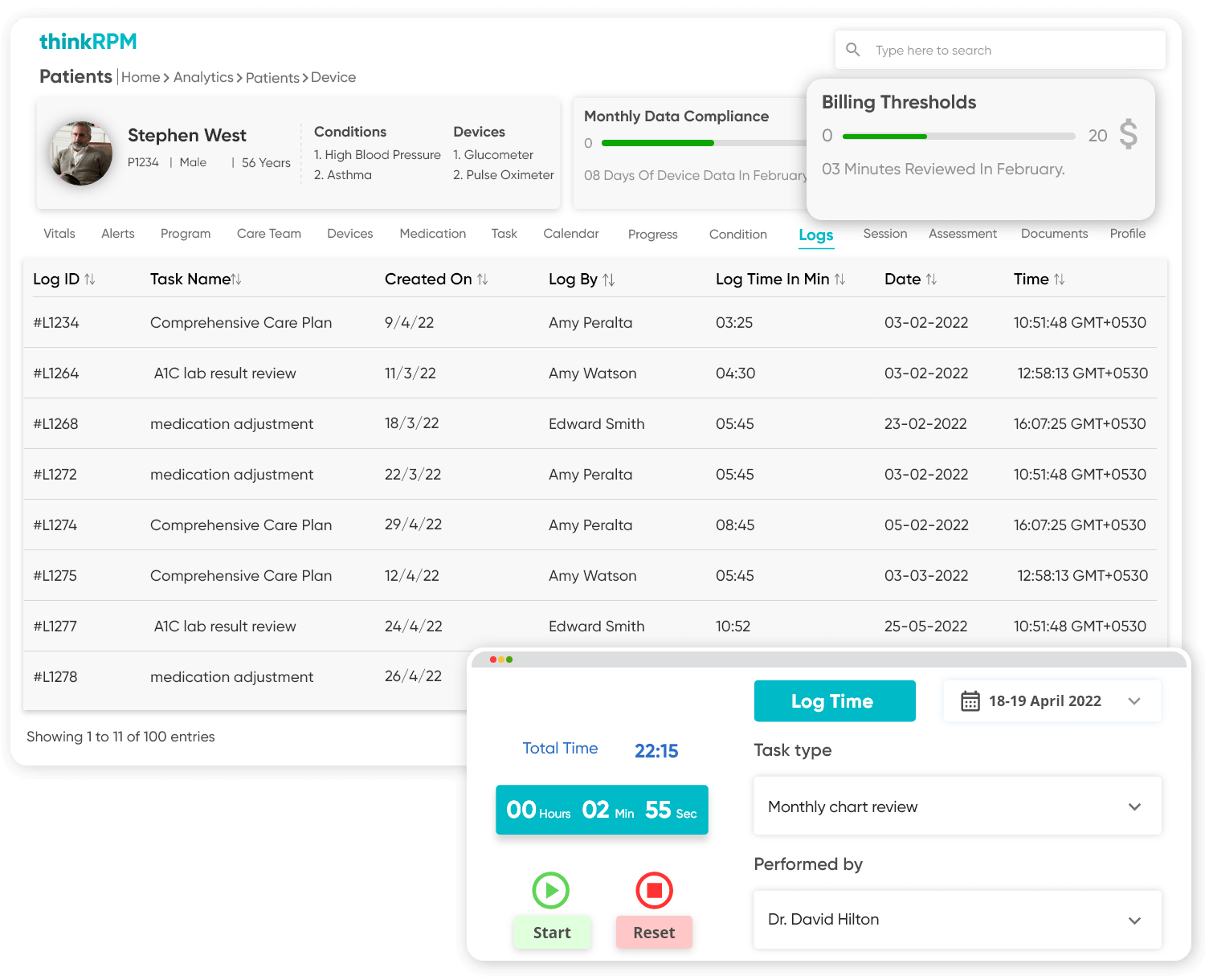 Patient RPM program detail along with their log time to generate billing reports for the eligible patients