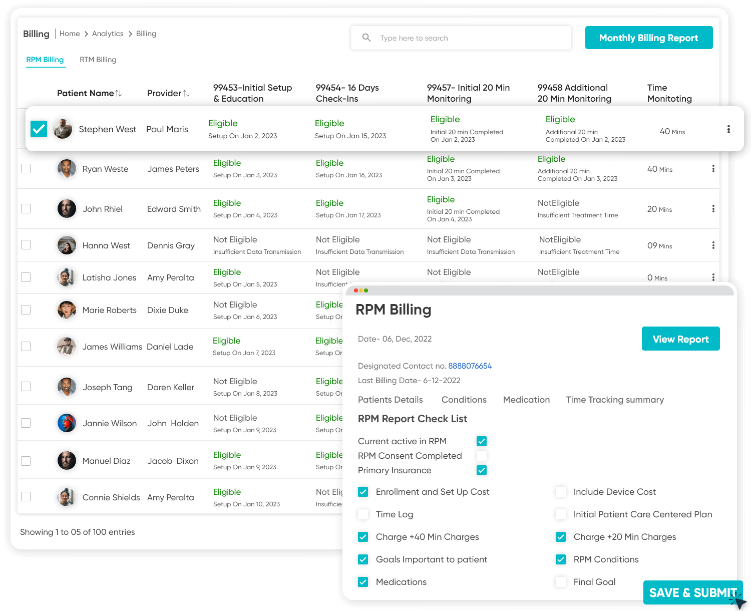 List of patients eligible for monthly billing and report