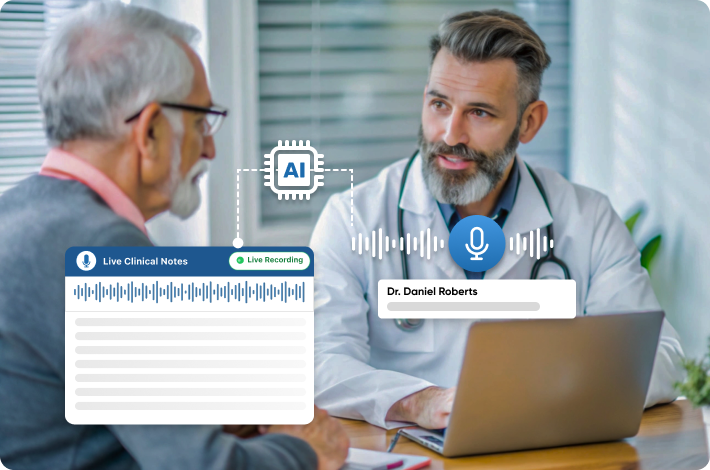Custom EHR software dashboard with voice-assistant feature on custom EHR mobile app showcasing AI scribing