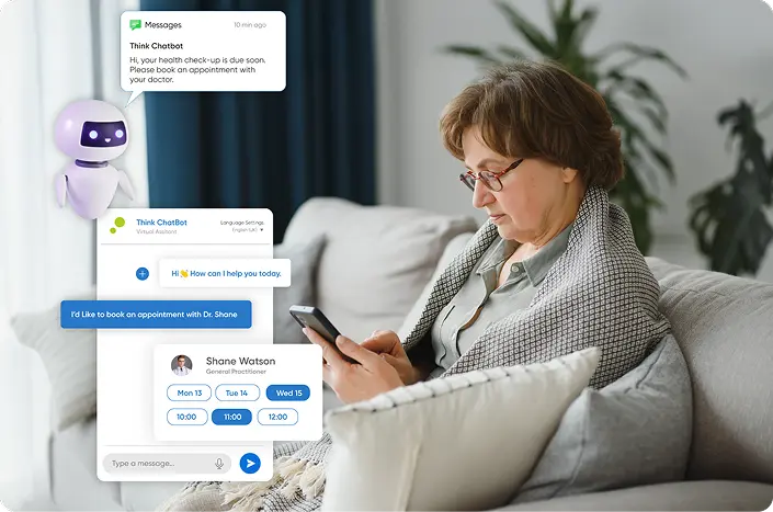 A patient interacting with a healthcare app through chatbot and AI assistance and managing their appointments
