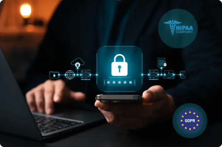 A professional using custom AI solution protectred by enterprise-grade security with data encryption and regulatory compliances like HIPAA and GDPR