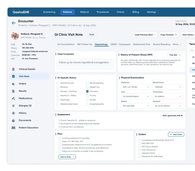 GI clinic visit note in gastroenterology EHR software with hepatology template, GI-specific history, assessment, plan and integrated order entry