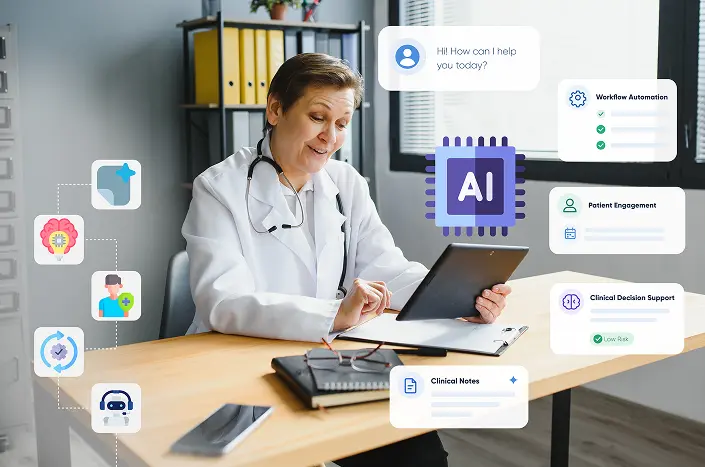 A clinical dashboard with an enlarged image on a mobile screen and telehealth happening in the background where the software is helping the healthcare provider in diagnosis