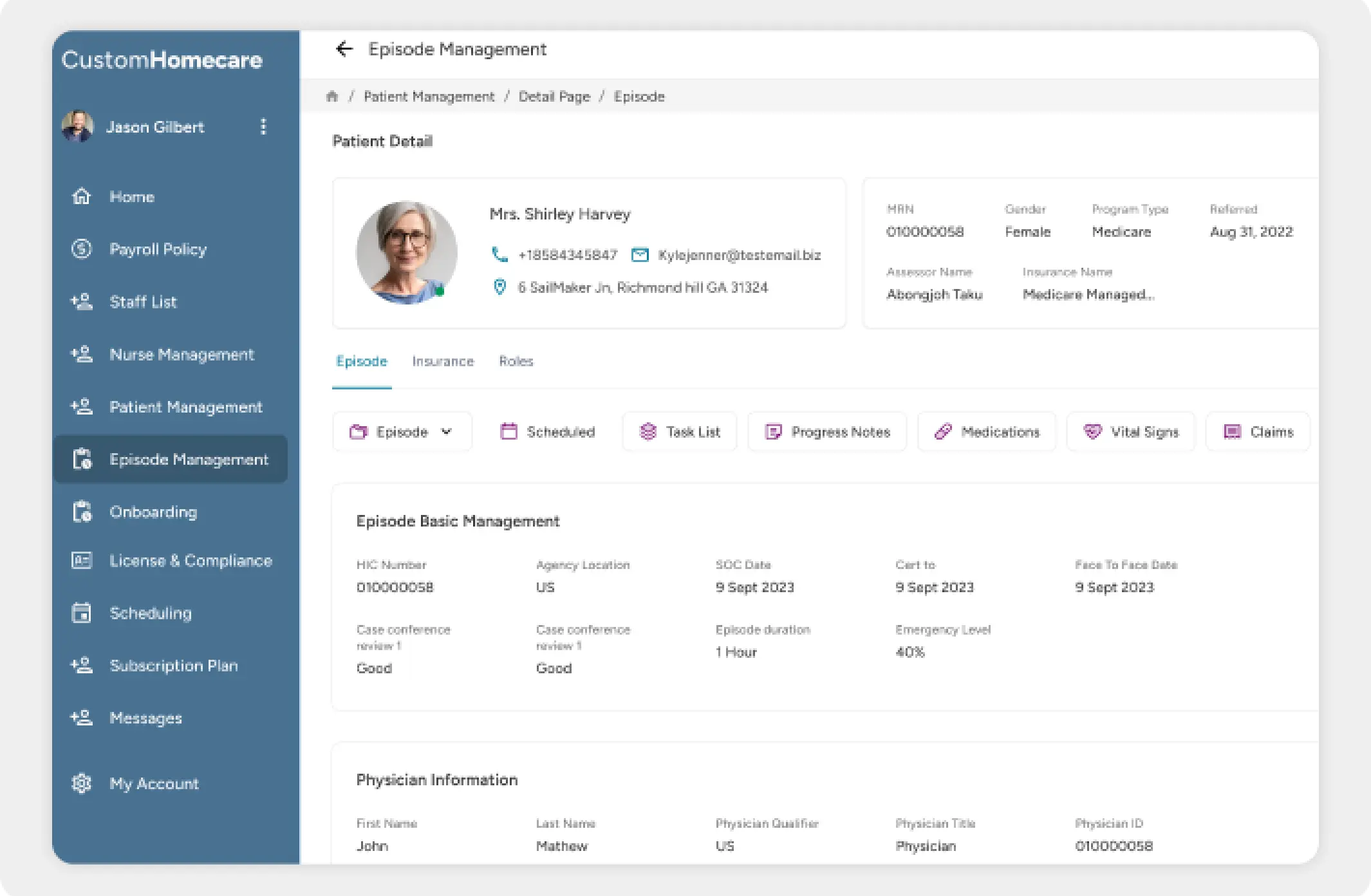 A care episode management dashboard in custom home healthcare software that is showing complete patient information and other care details