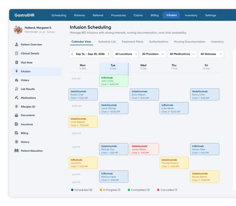 Infusion scheduling calendar in gastroenterology EHR software showing IBD biologic appointments by chair, medication and treatment status