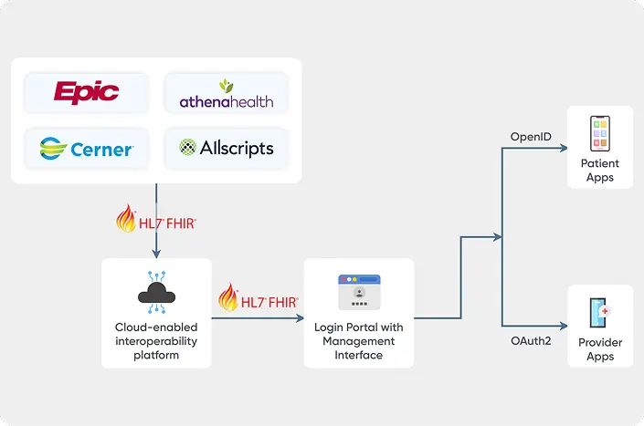 A screen showing the pathway of connecting disparate systems with each other and creating a seamless data sharing