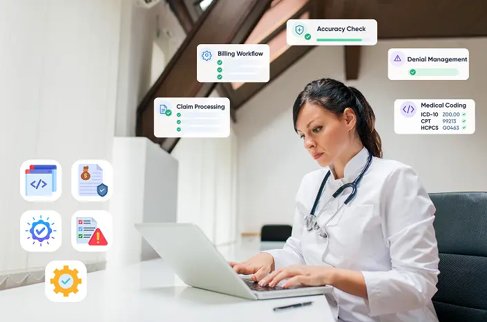data stack is shown at the center of analytics features derived from the data science field, which can be included in custom healthcare software development