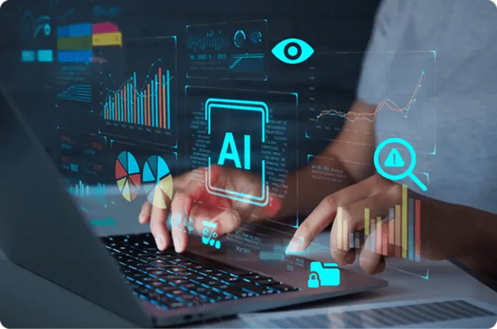 A person using AI-powered dashboard with AI performance metrics and  representing continuous monitoring and maintenance of machine learning models to ensure reliability and accuracy