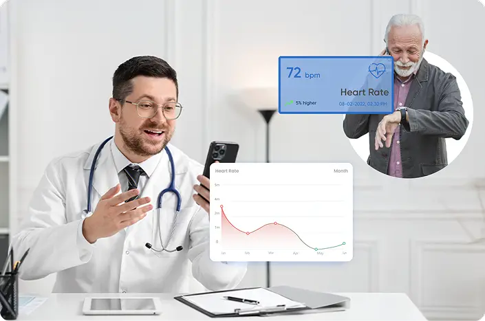 A provider using a telemedicine app to talk to a patient and monitor their health data at the same time, improving diagnosis speed and accuracy