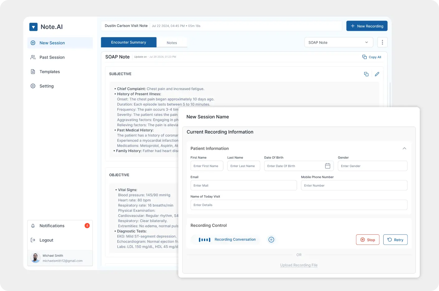 A notetaking dashboard in custom healthcare software to show the application of AI-powered healthcare software in notetaking