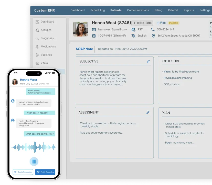 Custom EHR software dashboard with voice-assistant feature on custom EHR mobile app showcasing AI scribing