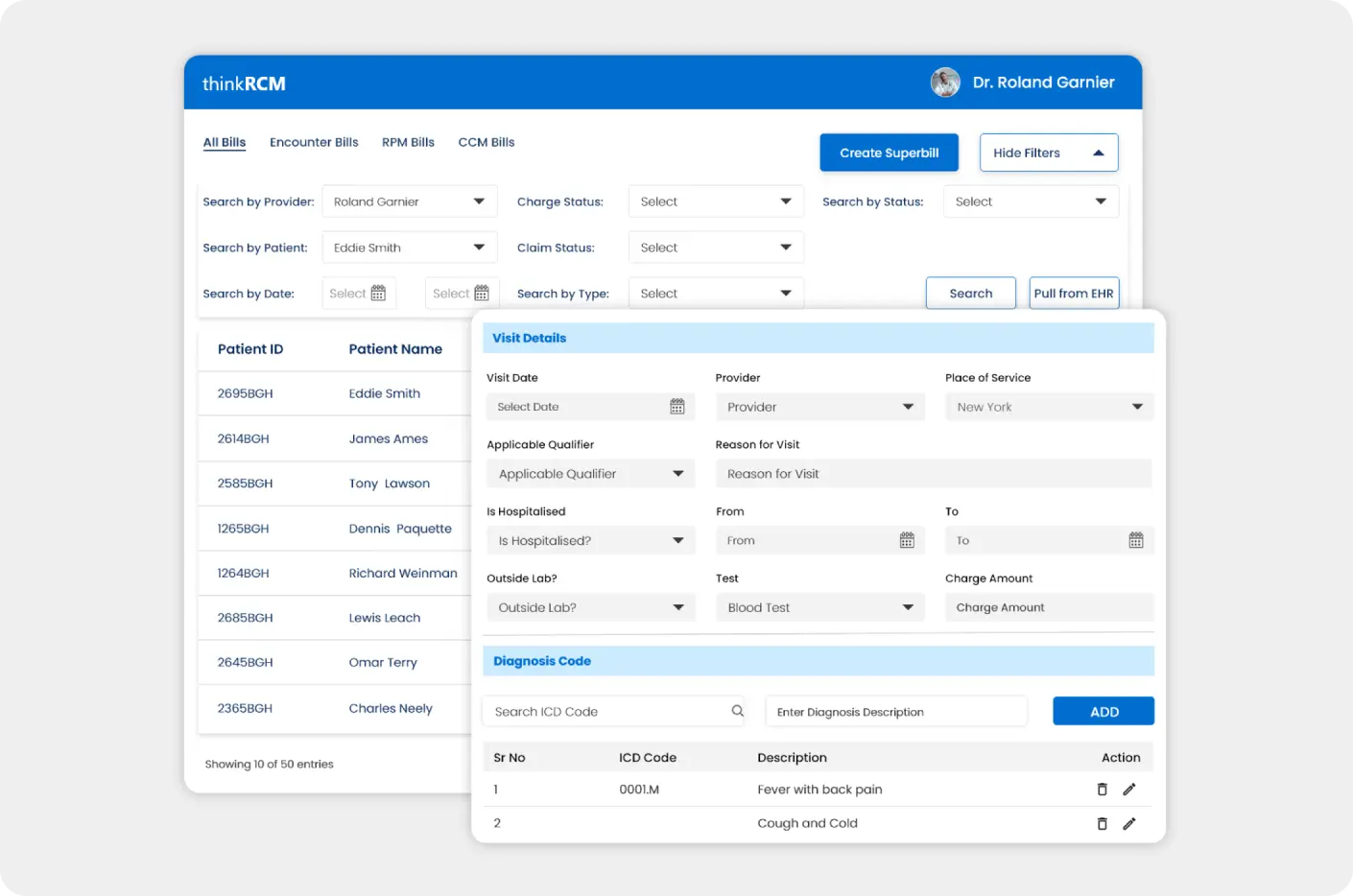 Medical coding window with pop-up on screen in the custom revenue cycle management software