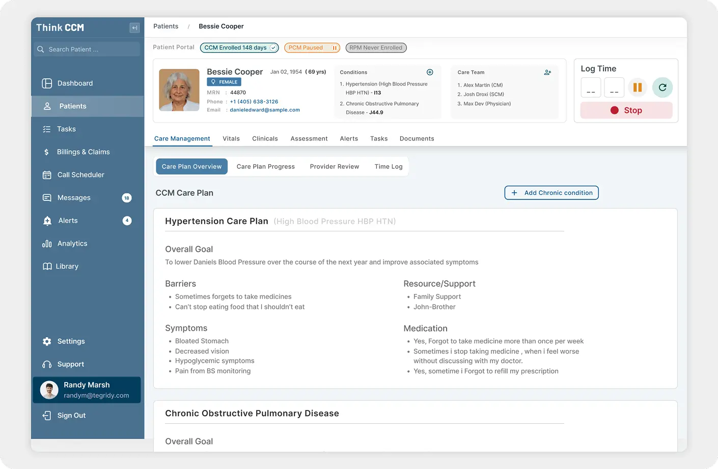 A care coordination software dashboard showing care plan, patient demographics and other aspects of care delivery