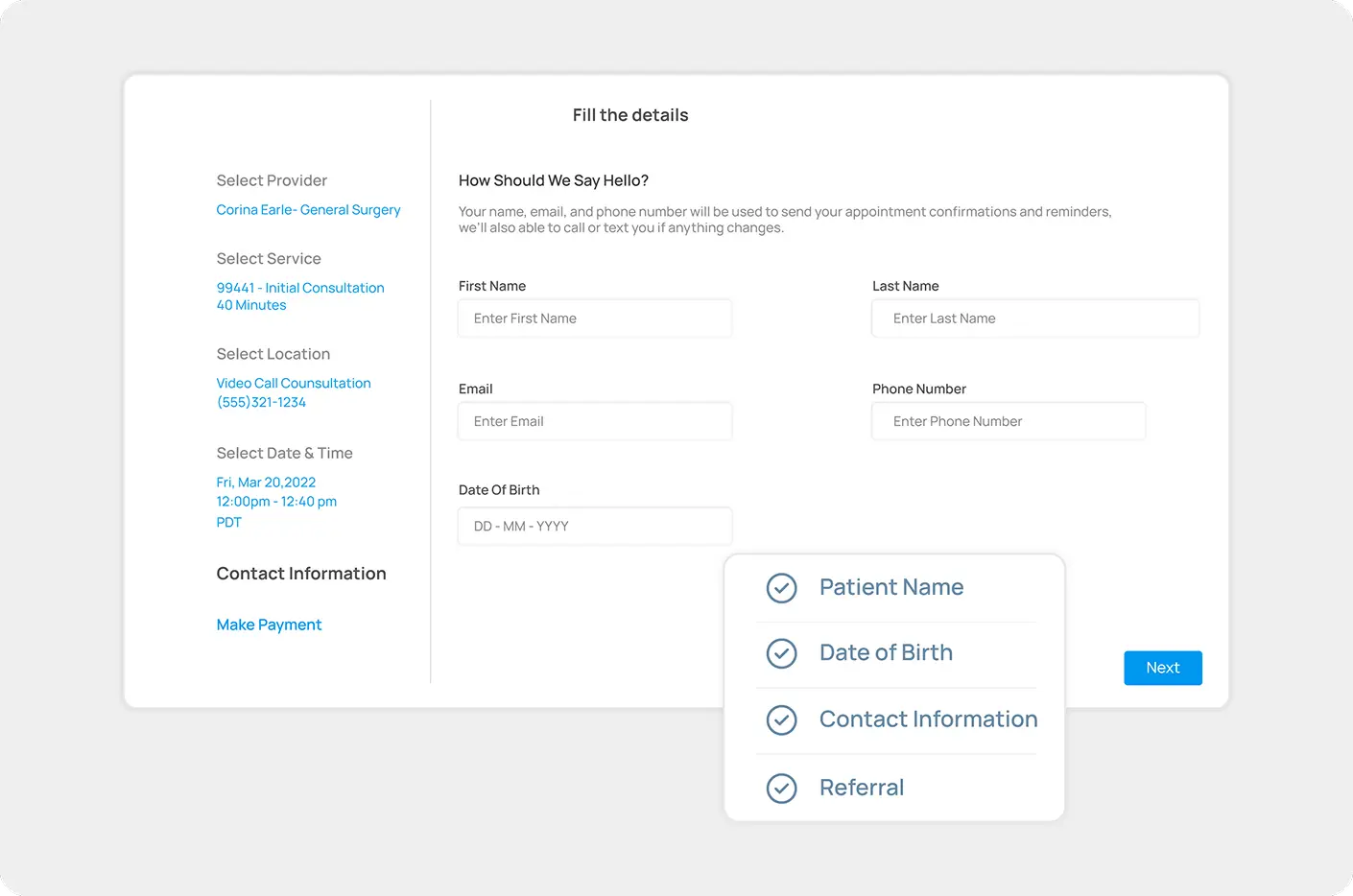 A template in CRM software showing patient demographics to show contact management feature