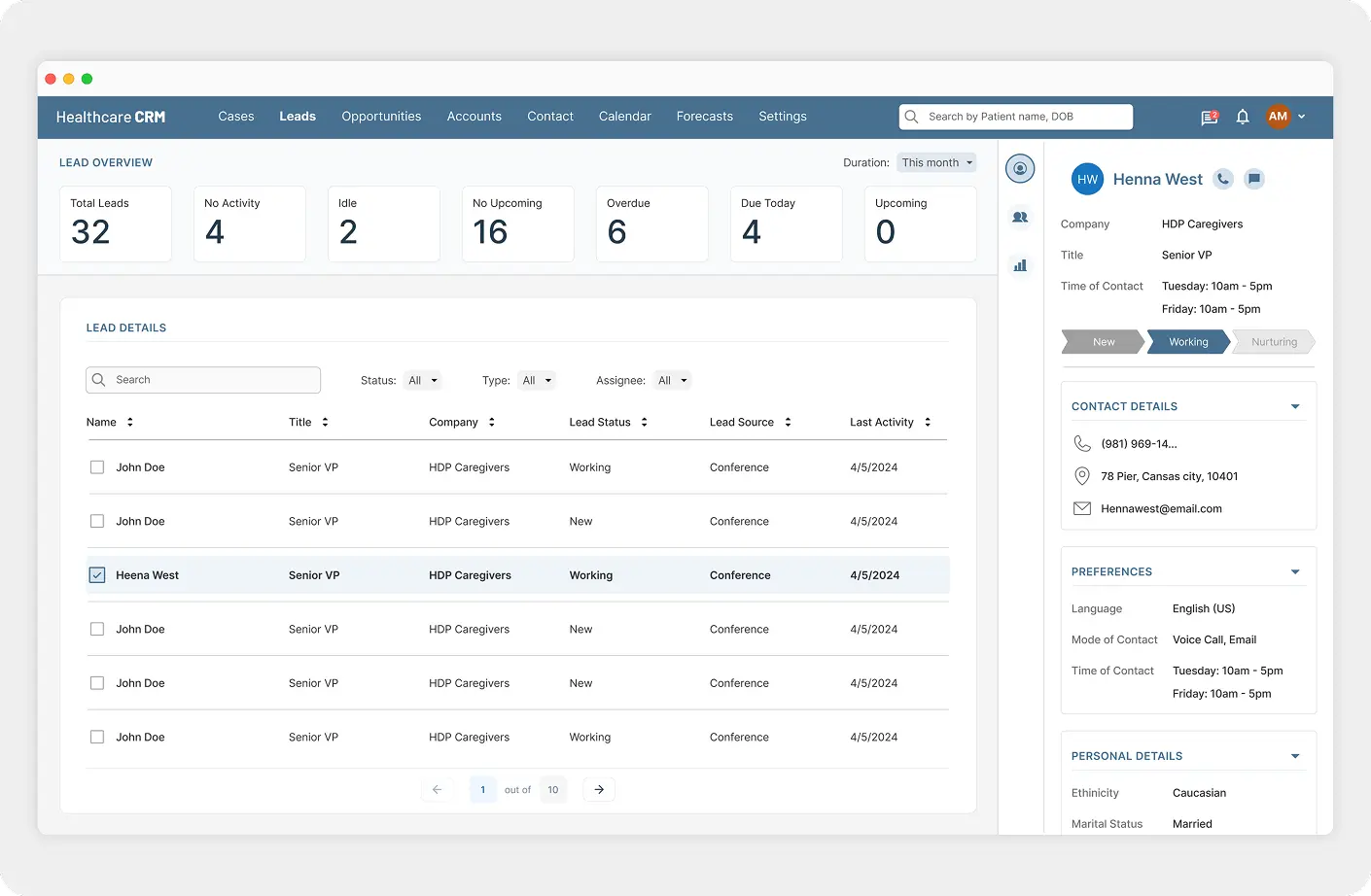 A lead management dashboard in healthcare software with CRM capabilities